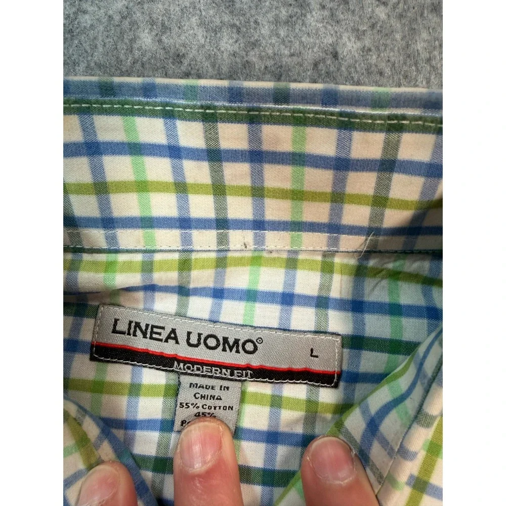 Linea Uomo Mens Modern Fit Short Sleeve Plaid Button Up Shirt Blue Green Large
